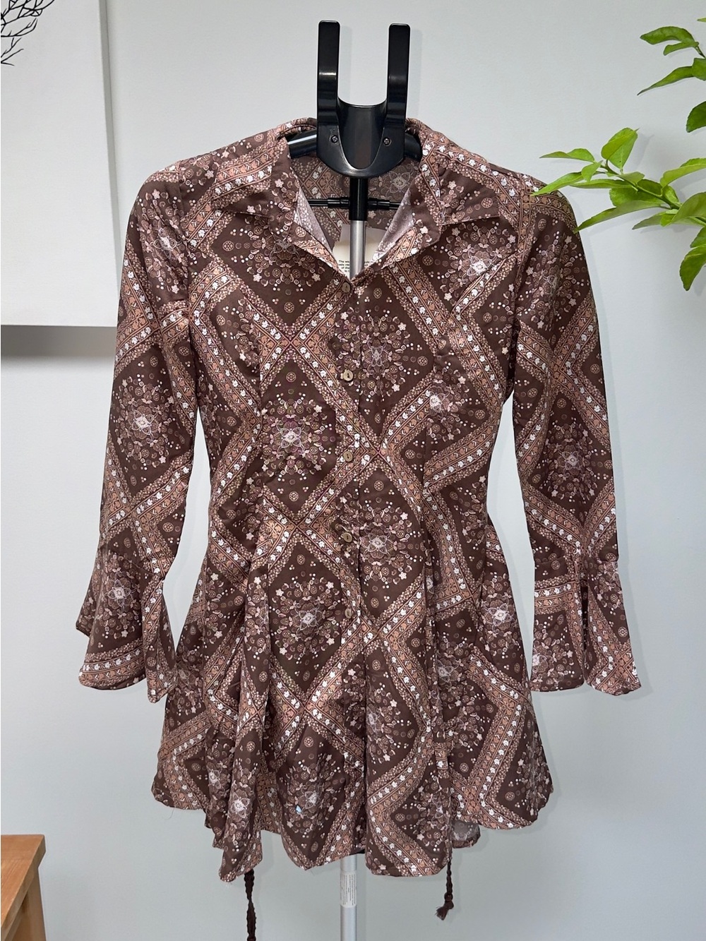 indulge Brown Patterned Peasant Tunic Top